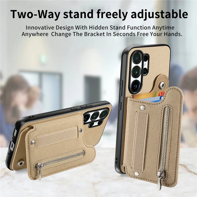 For Samsung Galaxy S25 Ultra Case RFID Blocking Card Holder Jeans Cloth Texture Leather Back Cover with Elastic Wristband - Khaki