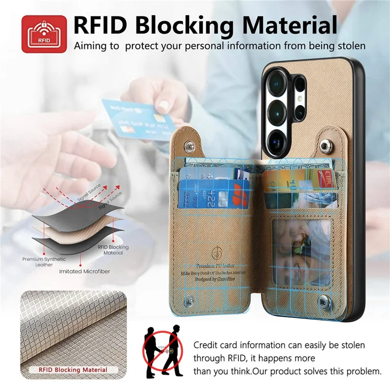 For Samsung Galaxy S25 Ultra Case RFID Blocking Card Holder Jeans Cloth Texture Leather Back Cover with Elastic Wristband - Khaki
