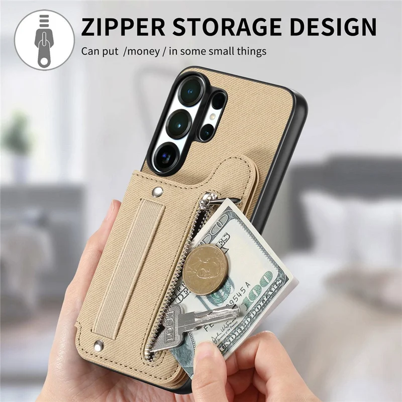 For Samsung Galaxy S25 Ultra Case RFID Blocking Card Holder Jeans Cloth Texture Leather Back Cover with Elastic Wristband - Khaki