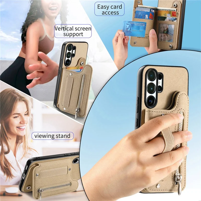 For Samsung Galaxy S25 Ultra Case RFID Blocking Card Holder Jeans Cloth Texture Leather Back Cover with Elastic Wristband - Khaki