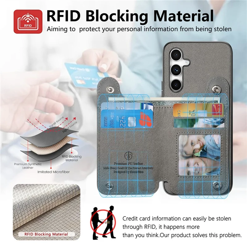 For Samsung Galaxy S25+ Case RFID Blocking Card Holder Jeans Cloth Texture Leather Back Cover with Elastic Wristband - Grey