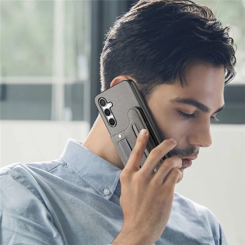 For Samsung Galaxy S25+ Case RFID Blocking Card Holder Jeans Cloth Texture Leather Back Cover with Elastic Wristband - Grey