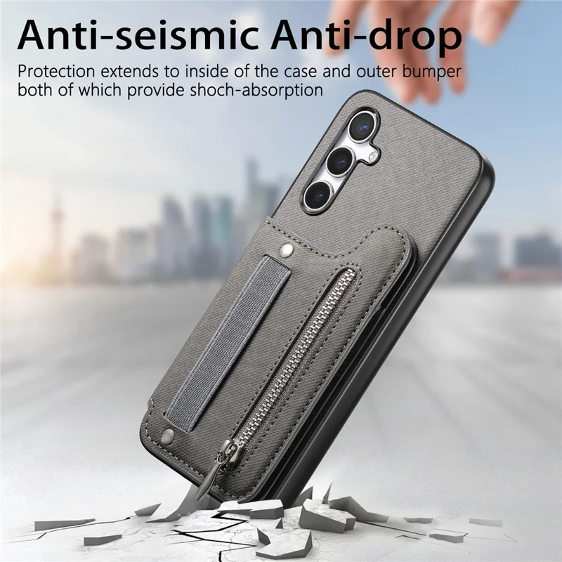 For Samsung Galaxy S25+ Case RFID Blocking Card Holder Jeans Cloth Texture Leather Back Cover with Elastic Wristband - Grey