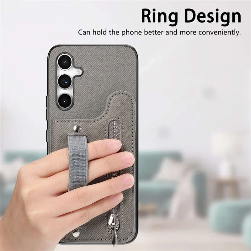 For Samsung Galaxy A37 5G Case RFID Blocking Card Holder Jeans Cloth Texture Leather Back Cover with Elastic Wristband - Grey