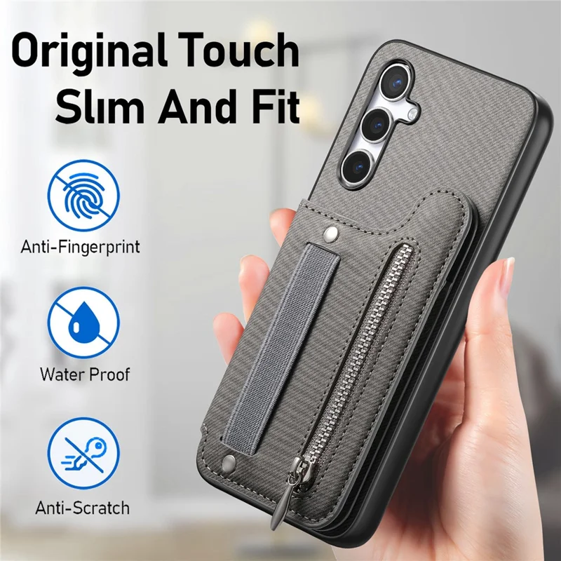 For Samsung Galaxy A56 5G Case RFID Blocking Card Holder Jeans Cloth Texture Leather Back Cover with Elastic Wristband - Grey