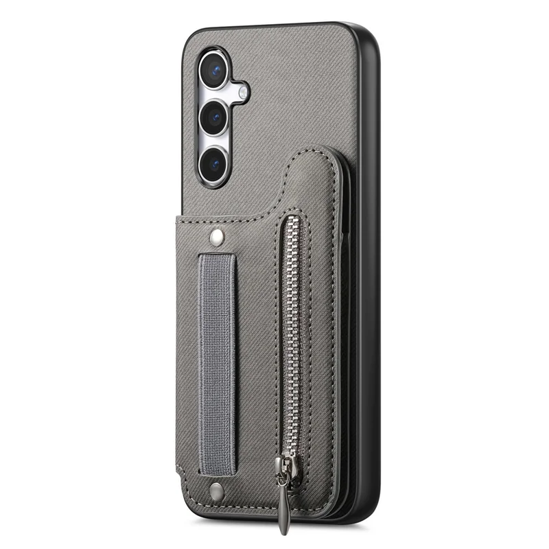 For Samsung Galaxy A56 5G Case RFID Blocking Card Holder Jeans Cloth Texture Leather Back Cover with Elastic Wristband - Grey