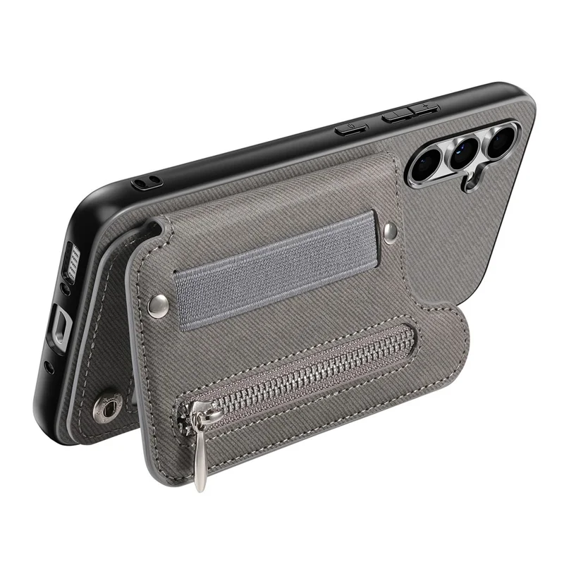 For Samsung Galaxy A26 5G Case RFID Blocking Card Holder Jeans Cloth Texture Leather Back Cover with Elastic Wristband - Grey