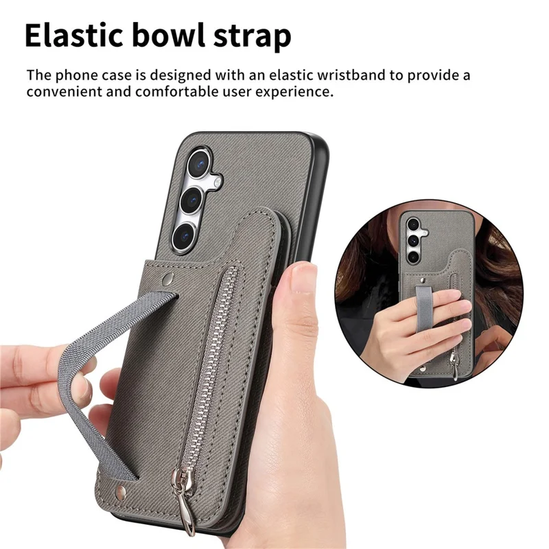 For Samsung Galaxy A26 5G Case RFID Blocking Card Holder Jeans Cloth Texture Leather Back Cover with Elastic Wristband - Grey