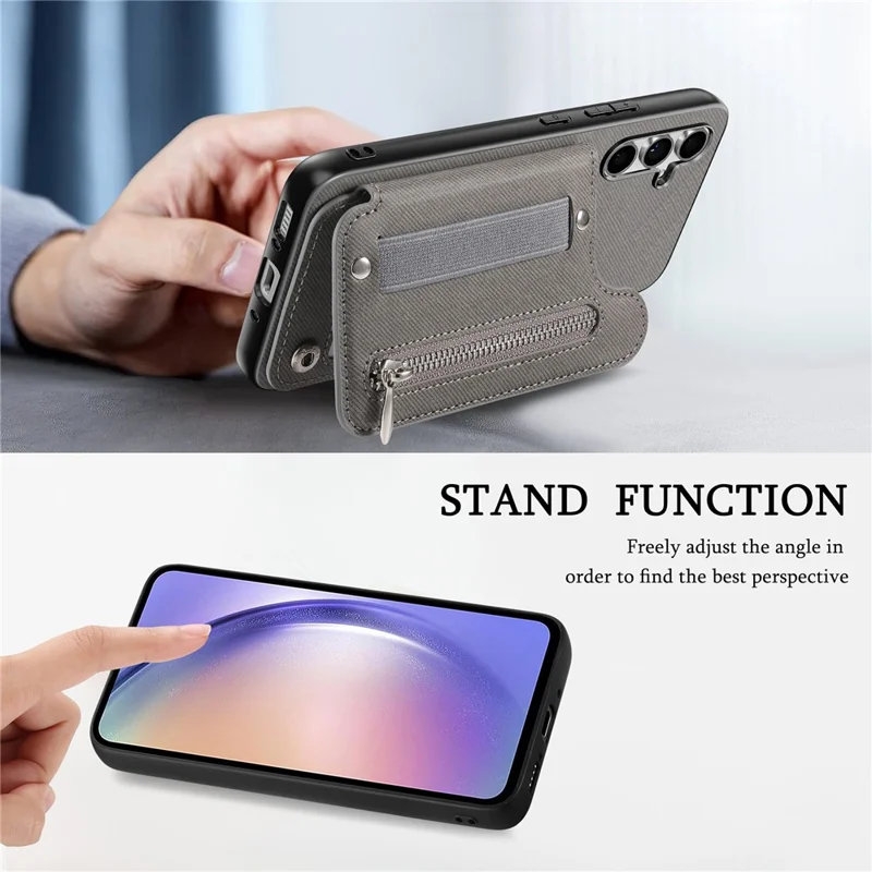 Funda para teléfono Galaxy A16 5G / 4G con bloqueo RFID, soporte para tarjetas, textura de cuero tipo tela vaquera, con correa elástica para la muñeca - Gris