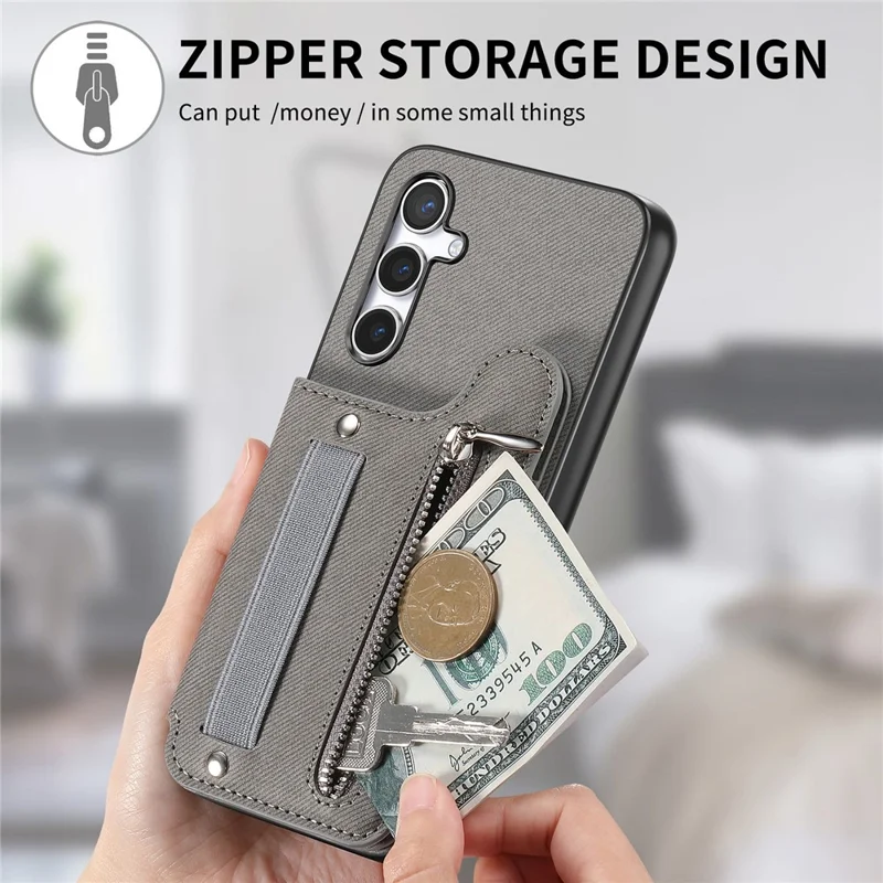 Funda para teléfono Galaxy A16 5G / 4G con bloqueo RFID, soporte para tarjetas, textura de cuero tipo tela vaquera, con correa elástica para la muñeca - Gris