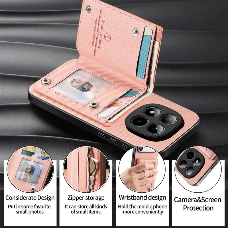 For Xiaomi Redmi Note 15 Pro 5G (Global) Case RFID Blocking Card Holder Jeans Cloth Texture Leather Back Cover with Elastic Wristband - Pink