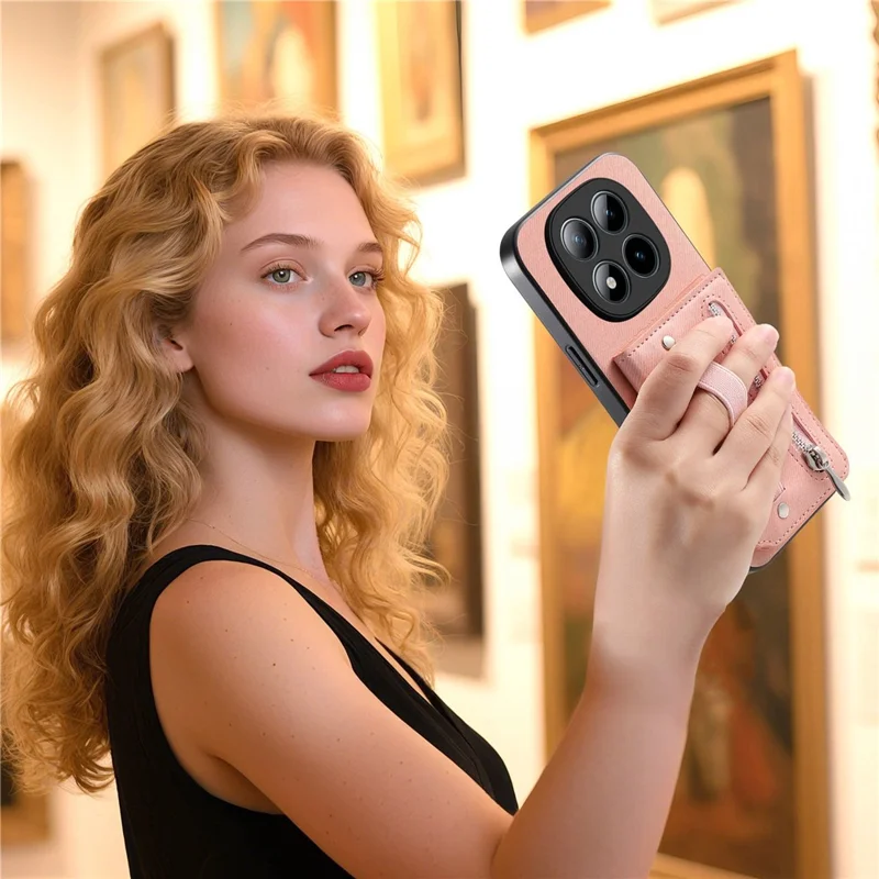 For Xiaomi Redmi Note 15 Pro 5G (Global) Case RFID Blocking Card Holder Jeans Cloth Texture Leather Back Cover with Elastic Wristband - Pink