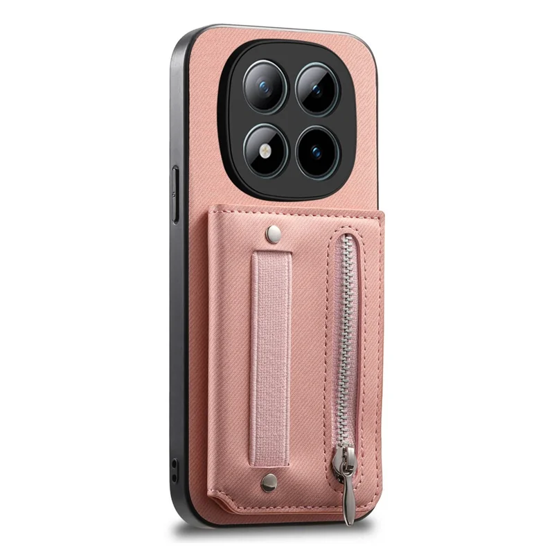 For Xiaomi Redmi Note 15 Pro 5G (Global) Case RFID Blocking Card Holder Jeans Cloth Texture Leather Back Cover with Elastic Wristband - Pink