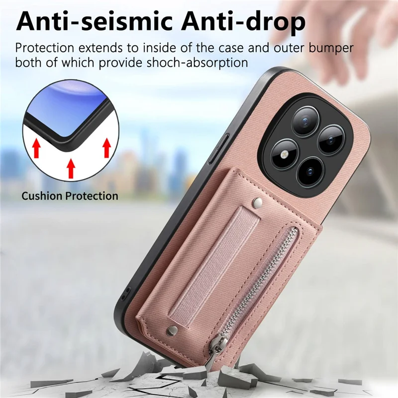 For Xiaomi Redmi Note 15 Pro 5G (Global) Case RFID Blocking Card Holder Jeans Cloth Texture Leather Back Cover with Elastic Wristband - Pink