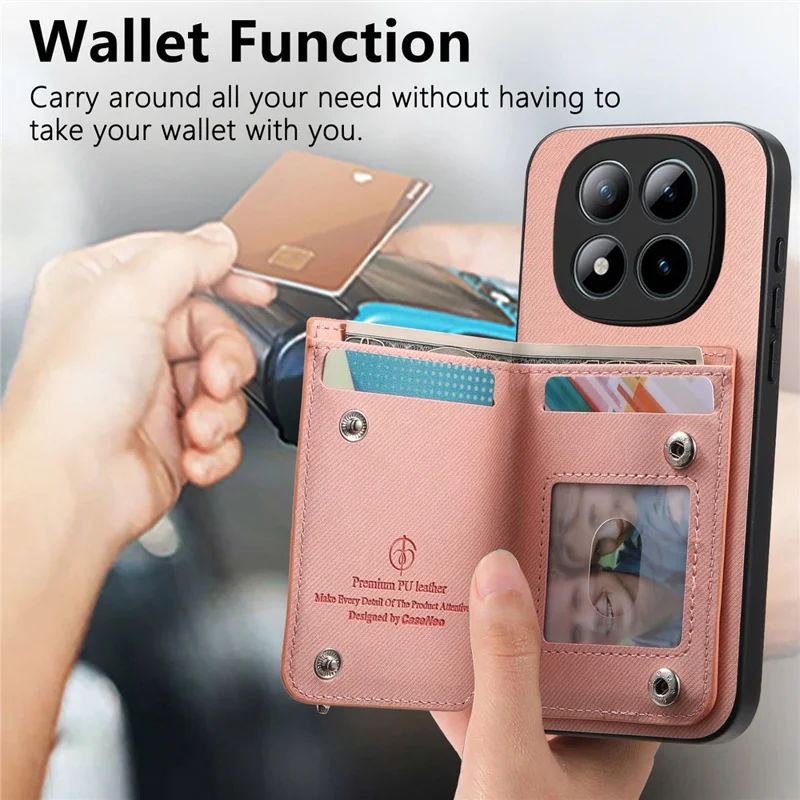 For Xiaomi Redmi Note 15 Pro 5G (Global) Case RFID Blocking Card Holder Jeans Cloth Texture Leather Back Cover with Elastic Wristband - Pink