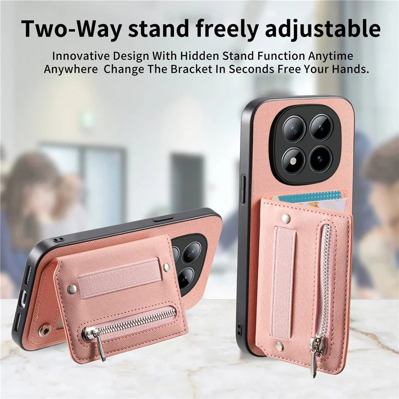 For Xiaomi Redmi Note 15 Pro 5G (Global) Case RFID Blocking Card Holder Jeans Cloth Texture Leather Back Cover with Elastic Wristband - Pink