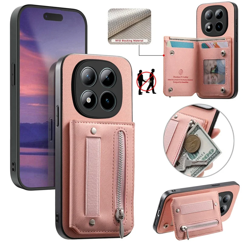 For Xiaomi Redmi Note 15 Pro 4G (Global) Case RFID Blocking Card Holder Jeans Cloth Texture Leather Back Cover with Elastic Wristband - Pink