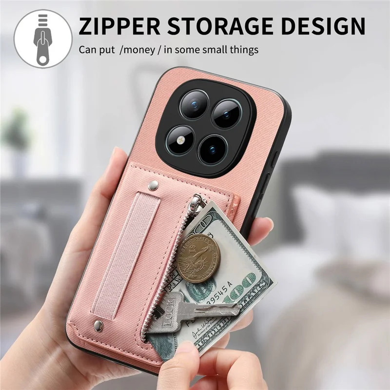 For Xiaomi Redmi Note 15 Pro 4G (Global) Case RFID Blocking Card Holder Jeans Cloth Texture Leather Back Cover with Elastic Wristband - Pink