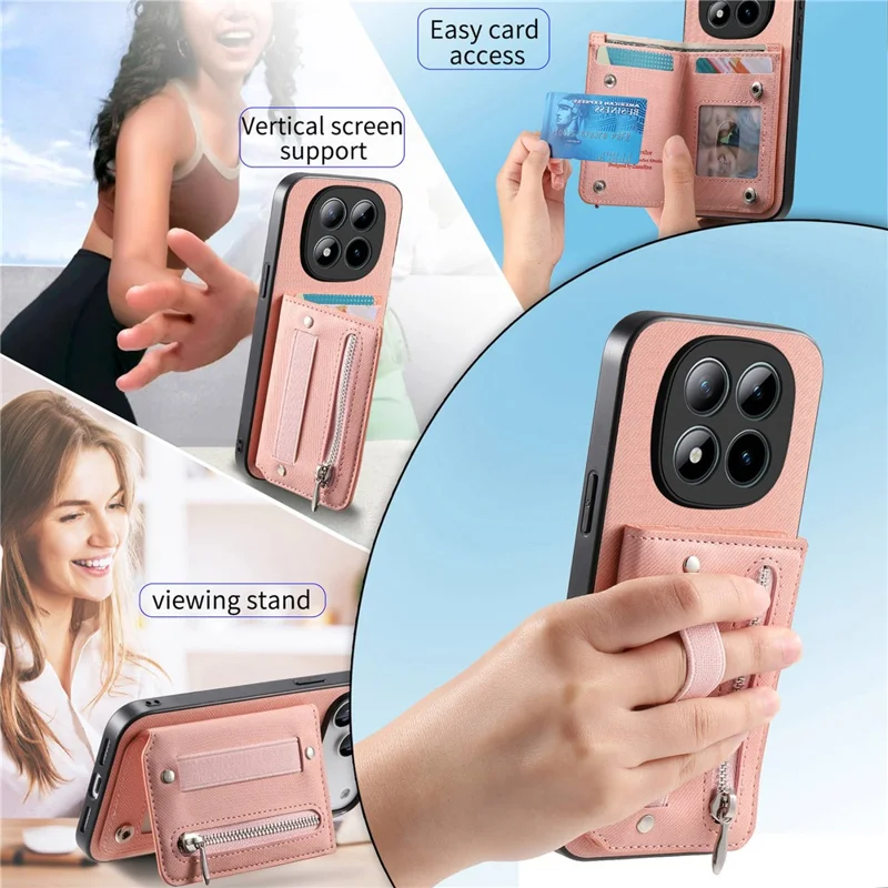 For Xiaomi Redmi Note 15 Pro 4G (Global) Case RFID Blocking Card Holder Jeans Cloth Texture Leather Back Cover with Elastic Wristband - Pink