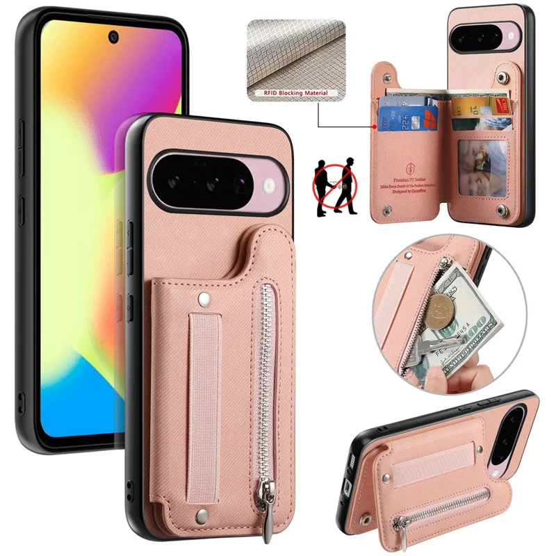 Magnetic Case For Google Pixel 10 Pro  /  10 RFID Blocking Jeans Cloth Texture Leather Back Cover with Elastic Wristband - Pink