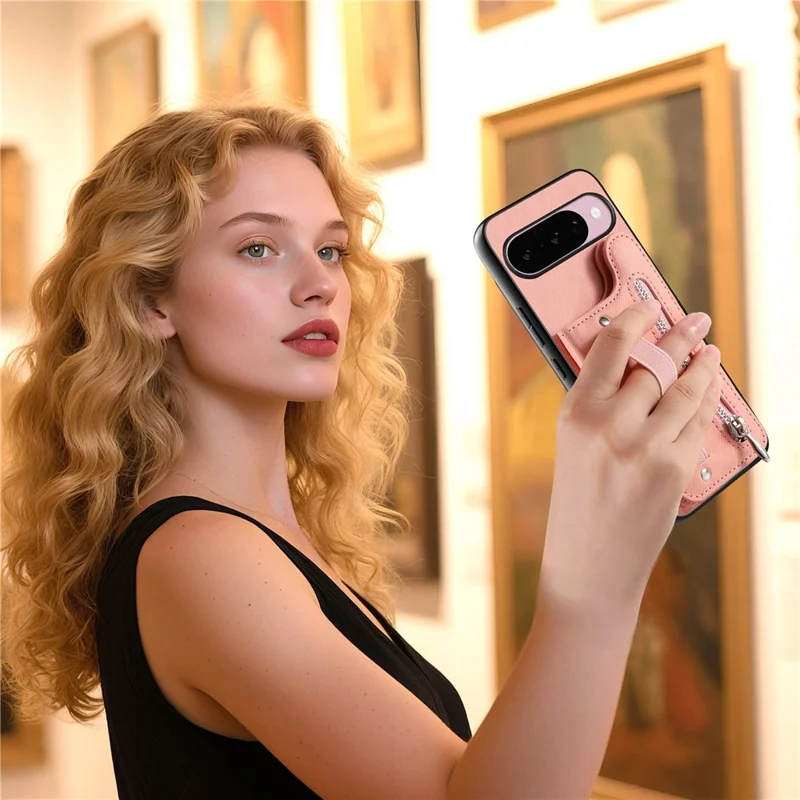 Magnetic Case For Google Pixel 10 Pro  /  10 RFID Blocking Jeans Cloth Texture Leather Back Cover with Elastic Wristband - Pink