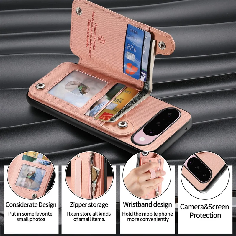Magnetic Case For Google Pixel 10 Pro  /  10 RFID Blocking Jeans Cloth Texture Leather Back Cover with Elastic Wristband - Pink