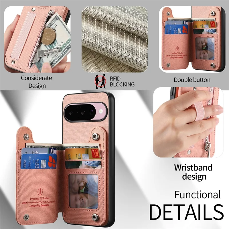 Magnetic Case For Google Pixel 10 Pro  /  10 RFID Blocking Jeans Cloth Texture Leather Back Cover with Elastic Wristband - Pink
