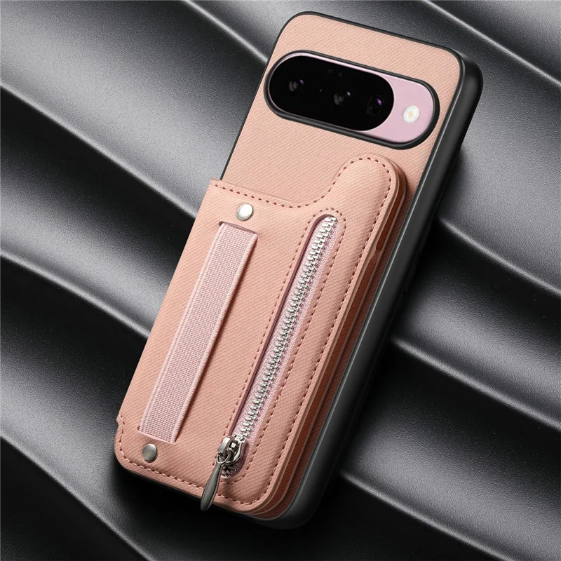 Magnetic Case For Google Pixel 10 Pro  /  10 RFID Blocking Jeans Cloth Texture Leather Back Cover with Elastic Wristband - Pink