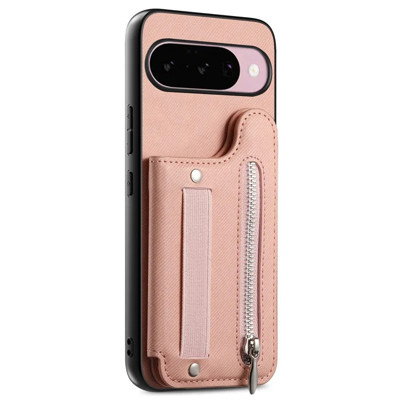 Magnetic Case For Google Pixel 10 Pro  /  10 RFID Blocking Jeans Cloth Texture Leather Back Cover with Elastic Wristband - Pink