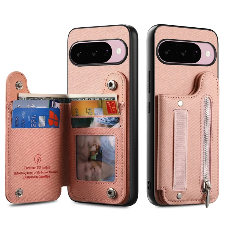 Magnetic Case For Google Pixel 10 Pro  /  10 RFID Blocking Jeans Cloth Texture Leather Back Cover with Elastic Wristband - Pink