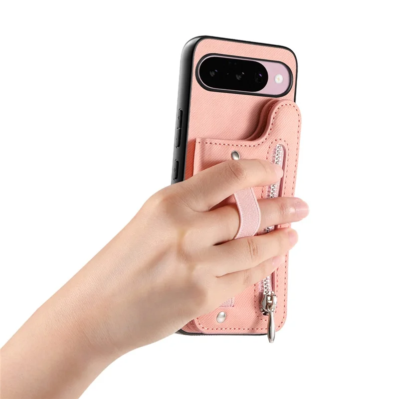 Magnetic Case For Google Pixel 10 Pro  /  10 RFID Blocking Jeans Cloth Texture Leather Back Cover with Elastic Wristband - Pink
