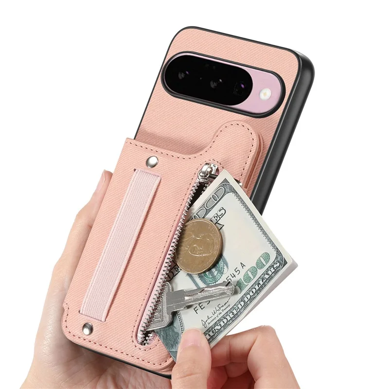 Magnetic Case For Google Pixel 10 Pro  /  10 RFID Blocking Jeans Cloth Texture Leather Back Cover with Elastic Wristband - Pink