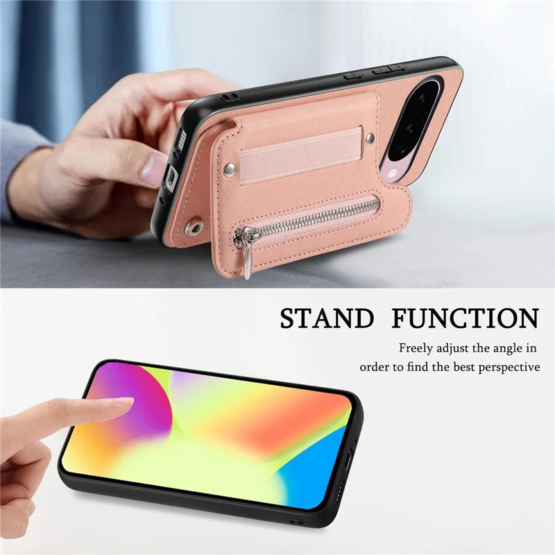 Magnetic Case For Google Pixel 10 Pro  /  10 RFID Blocking Jeans Cloth Texture Leather Back Cover with Elastic Wristband - Pink