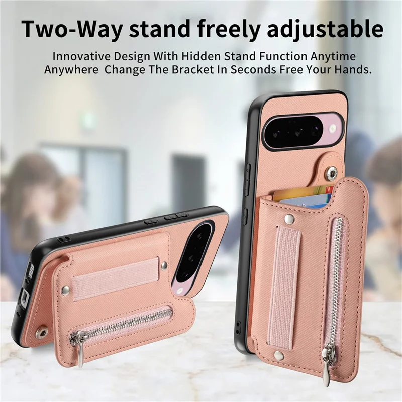 Magnetic Case For Google Pixel 10 Pro  /  10 RFID Blocking Jeans Cloth Texture Leather Back Cover with Elastic Wristband - Pink