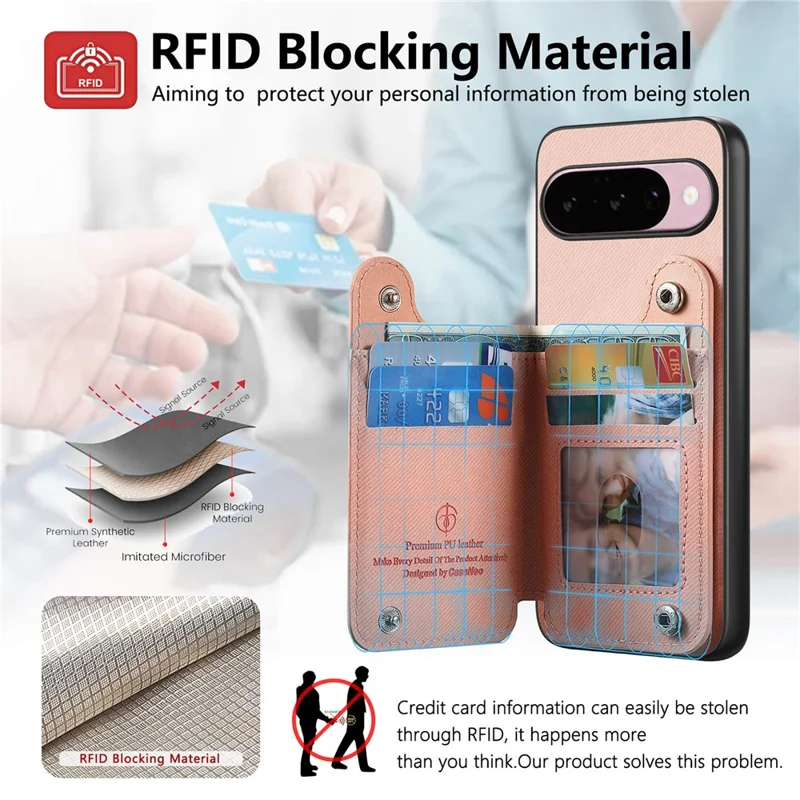 Magnetic Case For Google Pixel 10 Pro  /  10 RFID Blocking Jeans Cloth Texture Leather Back Cover with Elastic Wristband - Pink