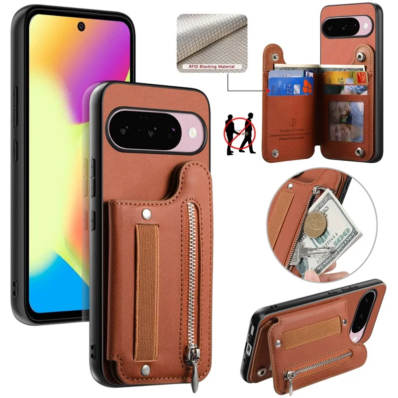 For Google Pixel 10 Pro XL Case RFID Blocking Card Holder Jeans Cloth Texture Leather Back Cover with Elastic Wristband - Brown