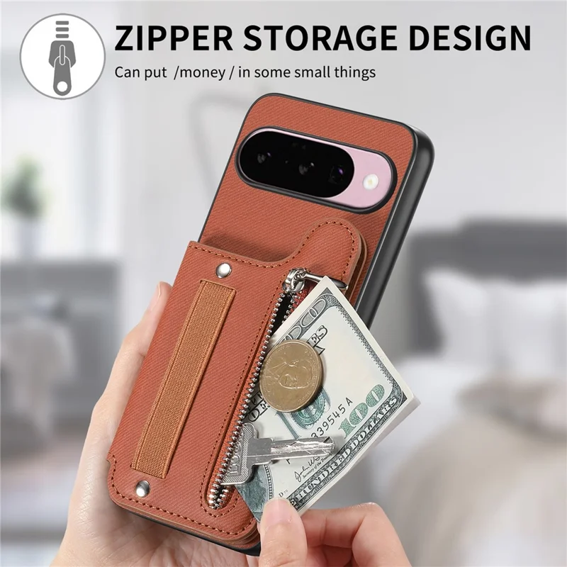 For Google Pixel 10 Pro XL Case RFID Blocking Card Holder Jeans Cloth Texture Leather Back Cover with Elastic Wristband - Brown