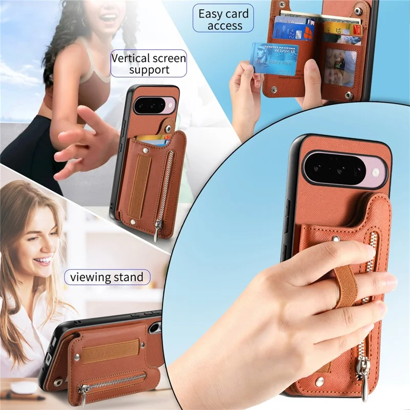 For Google Pixel 10 Pro XL Case RFID Blocking Card Holder Jeans Cloth Texture Leather Back Cover with Elastic Wristband - Brown