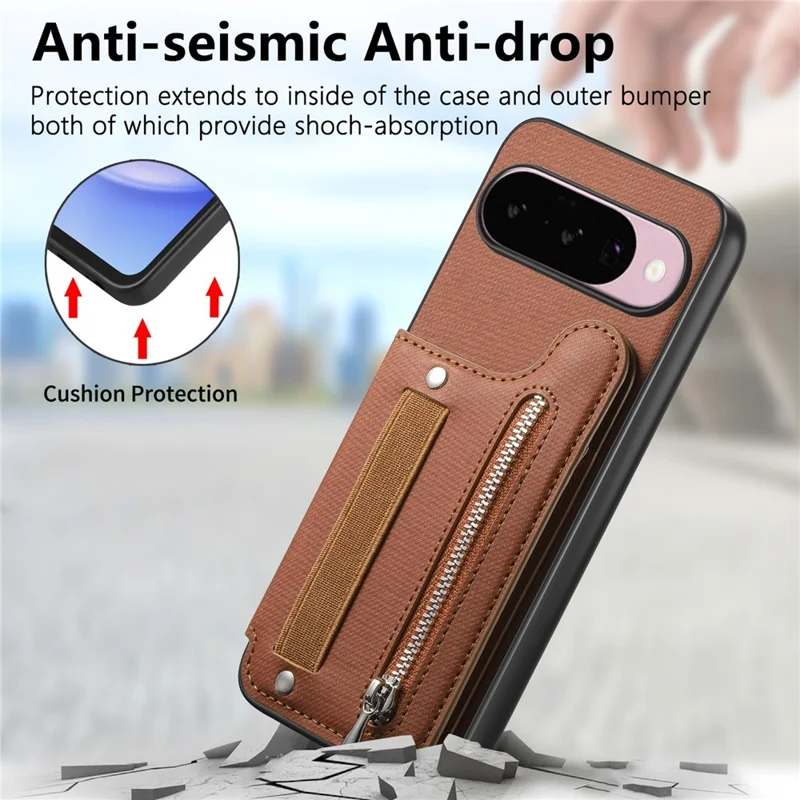 For Google Pixel 10 Pro XL Case RFID Blocking Card Holder Jeans Cloth Texture Leather Back Cover with Elastic Wristband - Brown