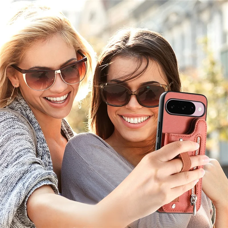 For Google Pixel 10 Pro XL Case RFID Blocking Card Holder Jeans Cloth Texture Leather Back Cover with Elastic Wristband - Brown