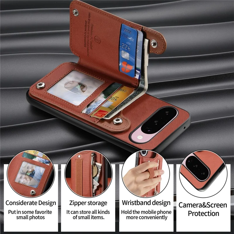 For Google Pixel 10 Pro XL Case RFID Blocking Card Holder Jeans Cloth Texture Leather Back Cover with Elastic Wristband - Brown