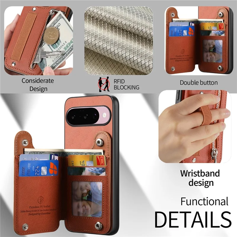 For Google Pixel 10 Pro XL Case RFID Blocking Card Holder Jeans Cloth Texture Leather Back Cover with Elastic Wristband - Brown