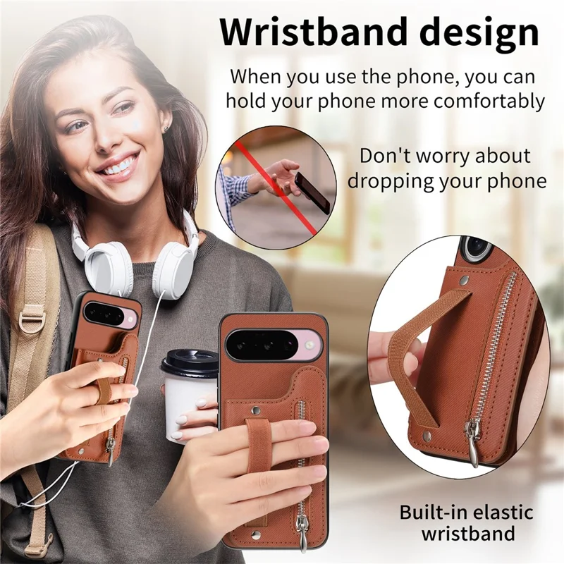 For Google Pixel 10 Pro XL Case RFID Blocking Card Holder Jeans Cloth Texture Leather Back Cover with Elastic Wristband - Brown
