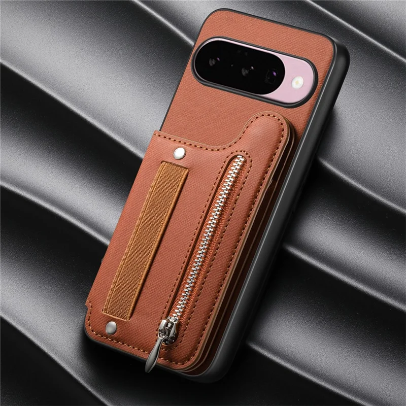 For Google Pixel 10 Pro XL Case RFID Blocking Card Holder Jeans Cloth Texture Leather Back Cover with Elastic Wristband - Brown
