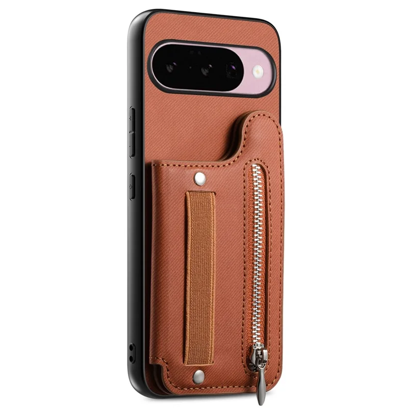 For Google Pixel 10 Pro XL Case RFID Blocking Card Holder Jeans Cloth Texture Leather Back Cover with Elastic Wristband - Brown