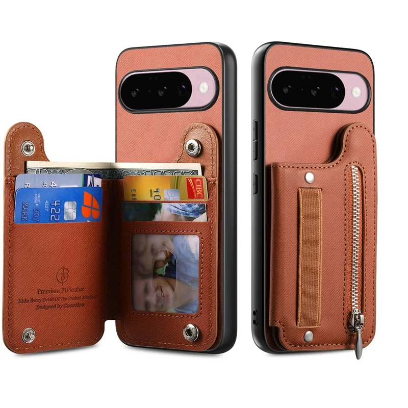 For Google Pixel 10 Pro XL Case RFID Blocking Card Holder Jeans Cloth Texture Leather Back Cover with Elastic Wristband - Brown