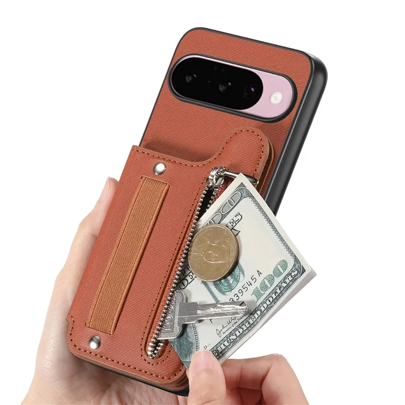 For Google Pixel 10 Pro XL Case RFID Blocking Card Holder Jeans Cloth Texture Leather Back Cover with Elastic Wristband - Brown