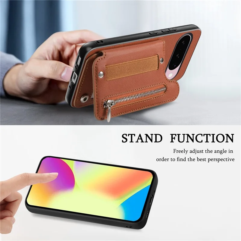 For Google Pixel 10 Pro XL Case RFID Blocking Card Holder Jeans Cloth Texture Leather Back Cover with Elastic Wristband - Brown