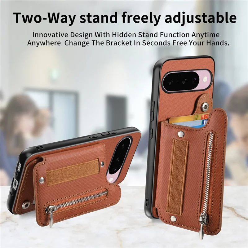 For Google Pixel 10 Pro XL Case RFID Blocking Card Holder Jeans Cloth Texture Leather Back Cover with Elastic Wristband - Brown