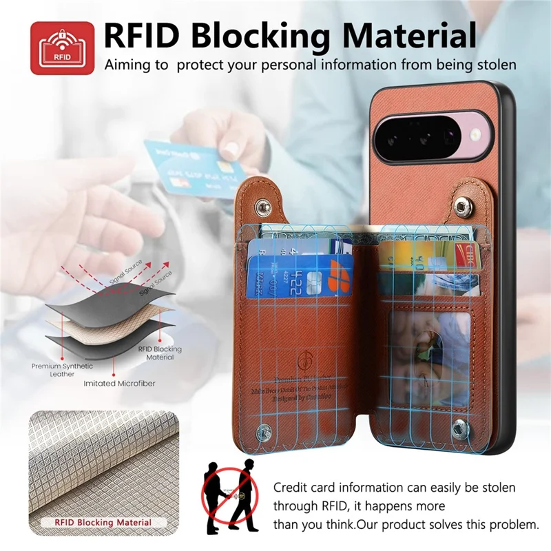 For Google Pixel 10 Pro XL Case RFID Blocking Card Holder Jeans Cloth Texture Leather Back Cover with Elastic Wristband - Brown